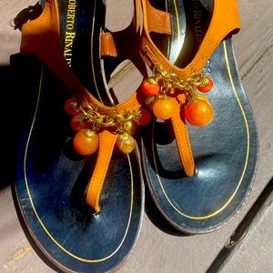 Tan Vacheta Italian leather T sandals with lucite baubles balls charms 37.5